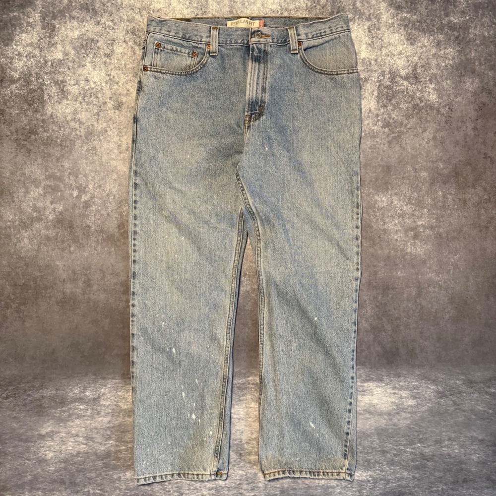 Levi‎ 505 Regular Fit Mens Light Wash Denim Jeans Blue 36 x 30 Distressed Paint